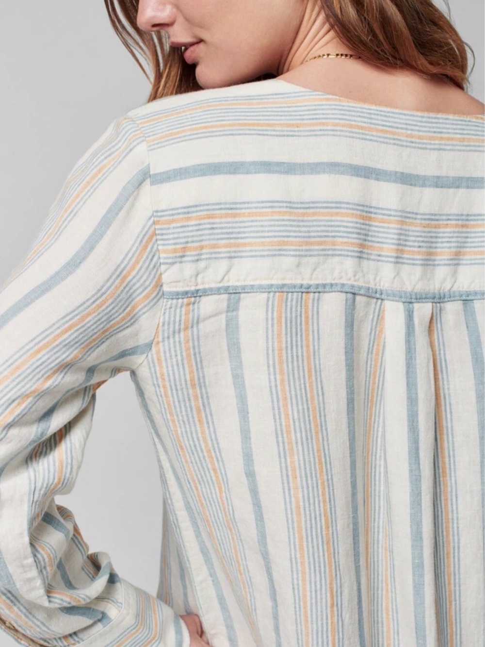 Faherty Striped V-Neck Linen Dress in White, Light Blue, Tan - Picture 4 of 10